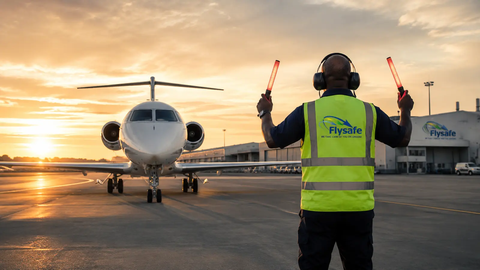 Flysafe marshaller guiding a business jet onto the stand at sunset with illuminated wands